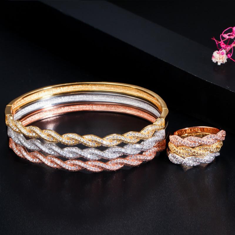 Ki0108 Creative Brass Electroplated Real Gold Full Diamond Bracelet Ring Two-Piece Hand Jewelry