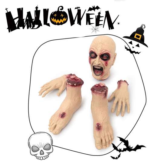 Artificial Bloodstains Anatomy 5 Pcs Halloween Body Parts Prop, Realistic Broken Head Hands Feet Set, Scary Window Display Items Blood Severed Zombie