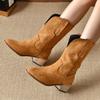 Fashion 2024 Natural Embroidered Women Boots Leather Handmade Pointed Toe Spike Heel Autumn Winter Boots Cowboy New Western Retro Botas