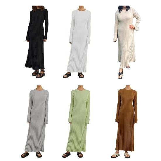 Women's Long Sleeve Ribbed Knitted Maxi Dress Crew Neck Bodycon Sweater Dress Elastic Slim Tie Waist Pencil Long Dress
