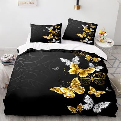 Parure de lit 2/3 pièces avec housse de couette et motif papillon noir et doré, housse de couette douce et confortable