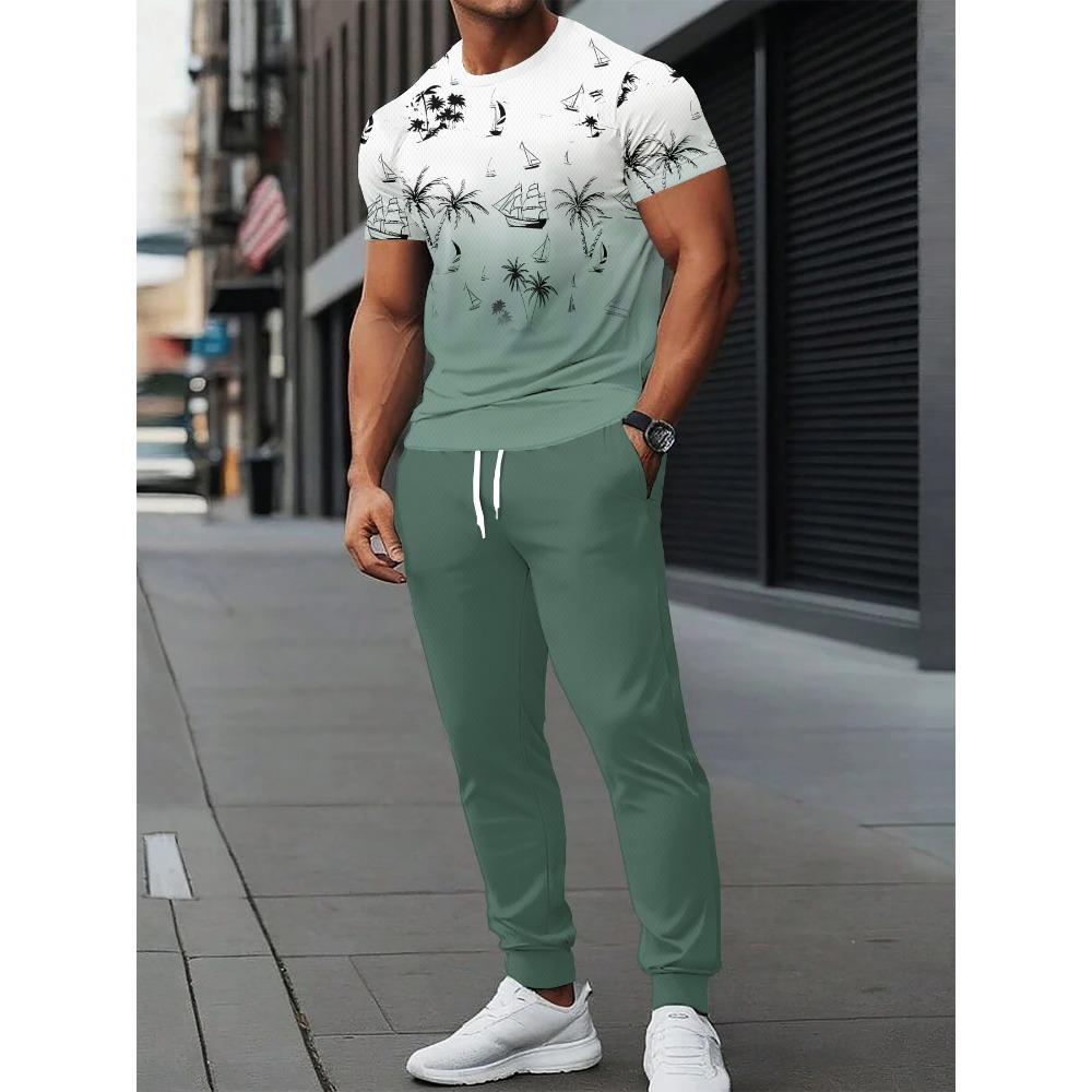 Summer New Men's Short-Sleeved Long Pants Set with 3D Pattern Printing for Street Casual Fashion Soft and Comfortable