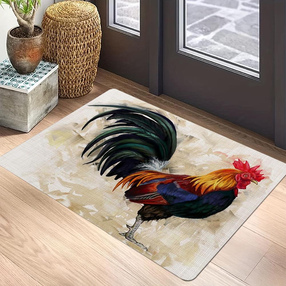 Retro Rooster Print Doormat Anti-Slip Entryway Rug Washable Bedroom Kitchen Bath Mat Polyester Home Decor Carpet