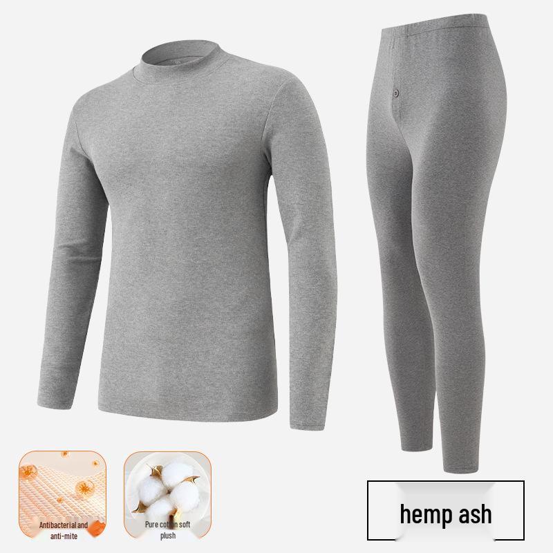 Men's 2025 Pure Cotton Mid-Neck Plush Base Layer Set - Autumn 280g Double-Brushed A-Class