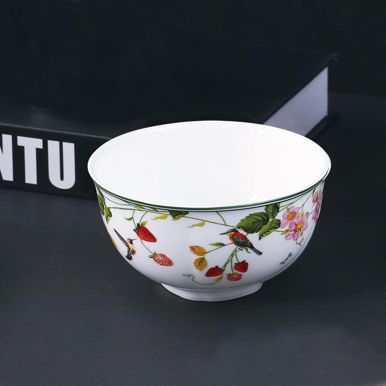 Wild Strawberry Bone China Tableware Set: Ceramic Bowls, Plates, Coffee Cups, and Tea Accessories.