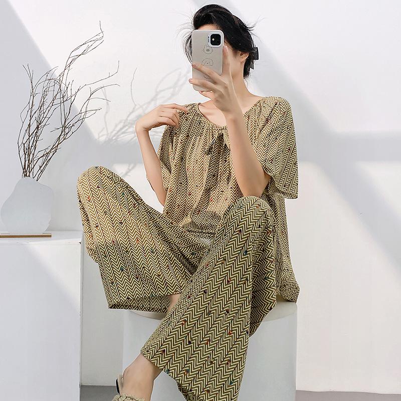 1011 new pajamas women's summer cotton and silk thin short-sleeved trousers set can be worn outside spring and autumn large-size loungewear
