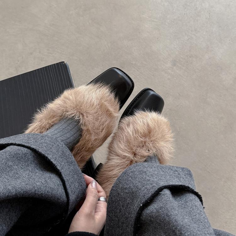 First layer cowhide~ Korean version temperament 5.5cm thick heel square head wool single shoes women's 2025 new plush shoes
