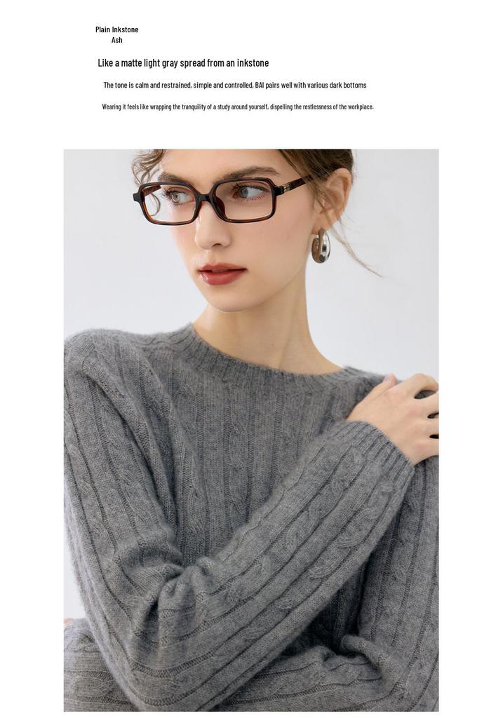 Women's Autumn/Winter Cable Knit Round Neck Pullover Sweater, Long Sleeve, 7-Gauge.
