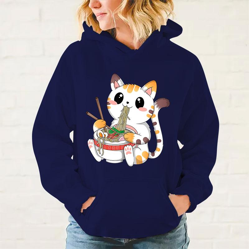 Neue Kawaii Katze isst Ramen Hoodies Damen Herren Teenager Lässiger Persönlichkeits-Pullover Mode Langarm Sweatshirt
