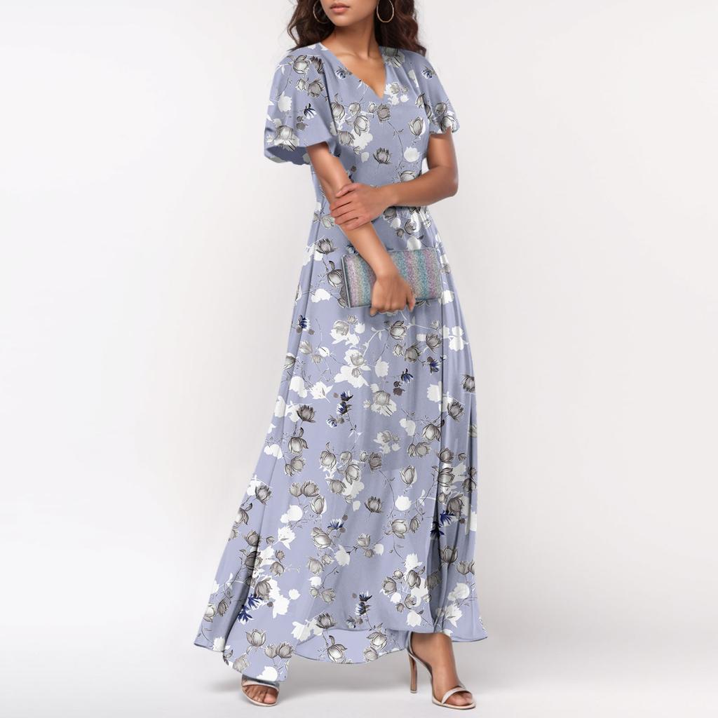 Kadın Yazlık Elbiseler Günlük Kısa Kollu Maksi Elbiseler Sevimli Çiçekli Maksi Elbiseler Düğün Konuk Elbiseleri Şifon Akan Elbiseler