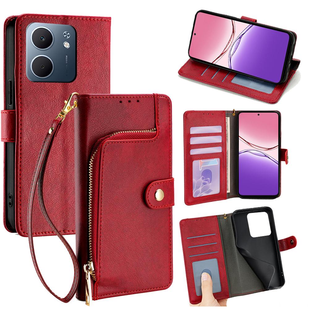 Oppo A5x 5G Tok Cipzáras Zseb PU Bőr Pénztárca Flip Telefonvédő Pánttal