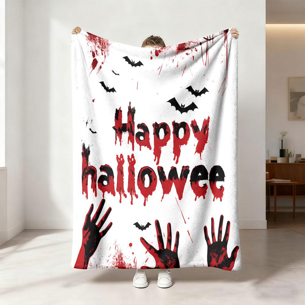 1pcs 230g flannel blanket with a Happy Halloween bat blood handprint pattern, soft and comfortable to use
