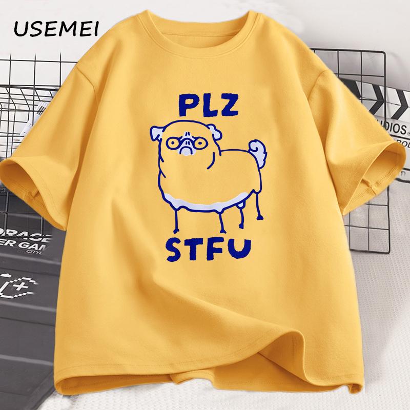 PLZ STFU Pug T Shirt Men Casual Short Sleeve Tee Shirt Meme Funny T-Shirt Vintage Drawing Racoon Animal Tshirt Streetwear Tees