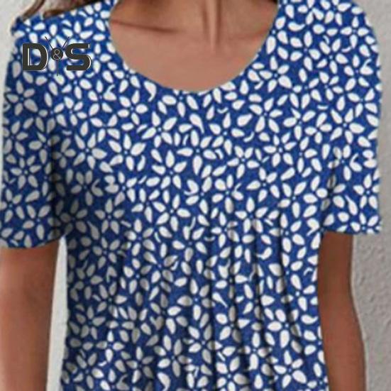 Women's Floral Print Tunic Shirt Dress Short Sleeve Crew Neck Pleated Midi Dress with Pockets Summer Boho Swing Sundress