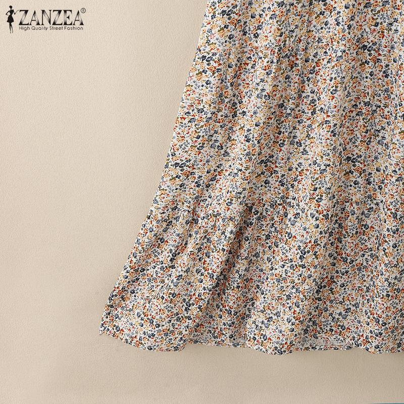 ZANZEA Damen Lässig Rundhals Locker Langarm Blumenmuster Kleid