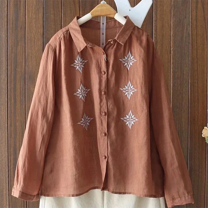 Tops for Women Long Sleeve Shirts Spring Embroidery Oversize Versatile Casual Cotton Shirt Loose Blouse Pullover Tops