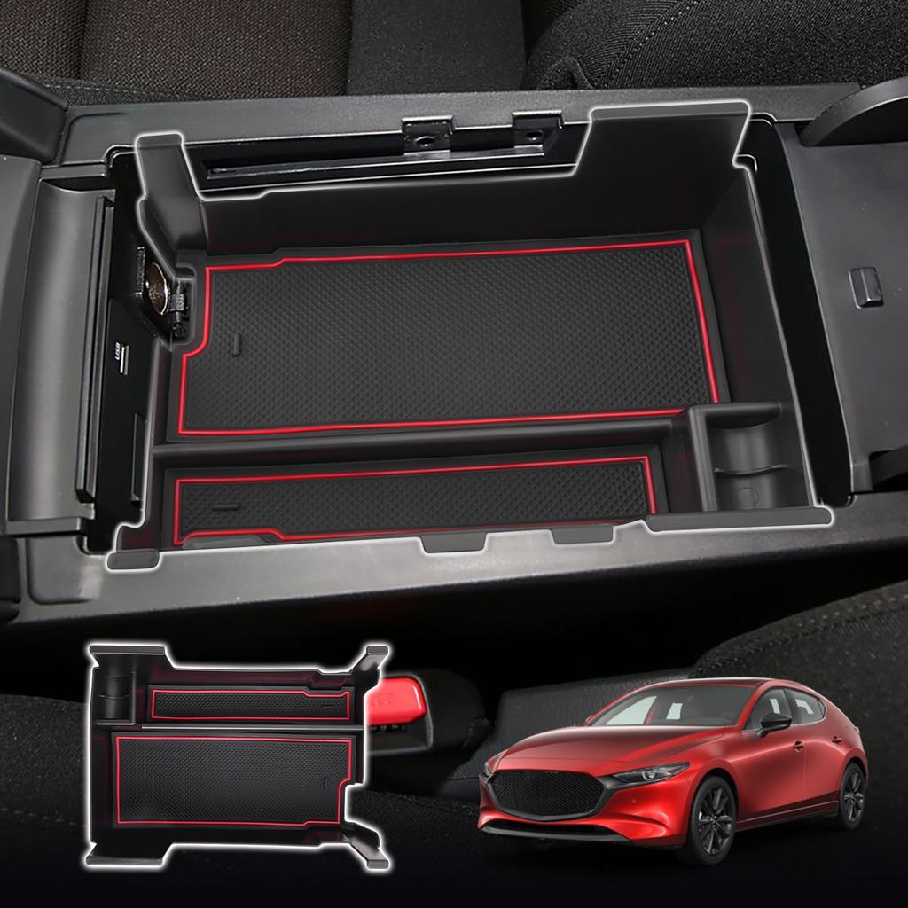 SXCY Mazda 3 BP5P Console Box/Tray, Armrest Box for the New Mazda 3 Fastback, Storage Box, Accessory Tray with Rubber Mat, Interior Parts, Red