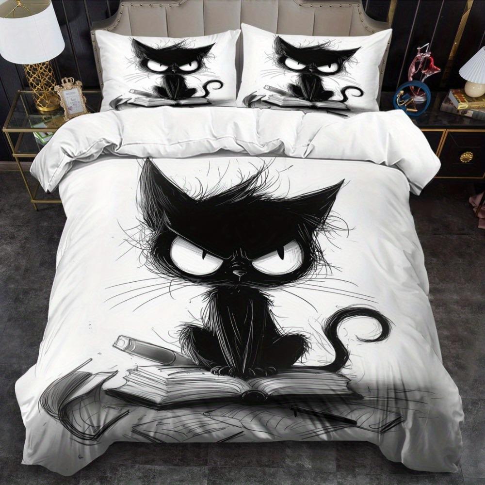 

3pcs Cute Funny Black Cat Ptinted Bedding Set Cozy Duvet Cover Set King Queen Twin Single Size Birthday Gift Bedroom Decoration EU Single 135x200cm