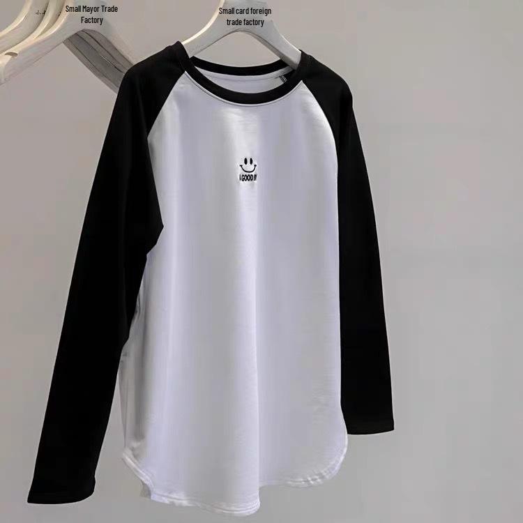 Plus Size 240 Jin Smiley Face Embroidered Raglan Long Sleeve Brushed Thermal Fleece Women's Fall/Winter Base Layer Top