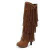 High-Heeled V Mouth Fringed Women's Boots Round Toe 10cm Square Heel High Tube Boots Fashion Sexy Flock Women Shoes Size 34-39