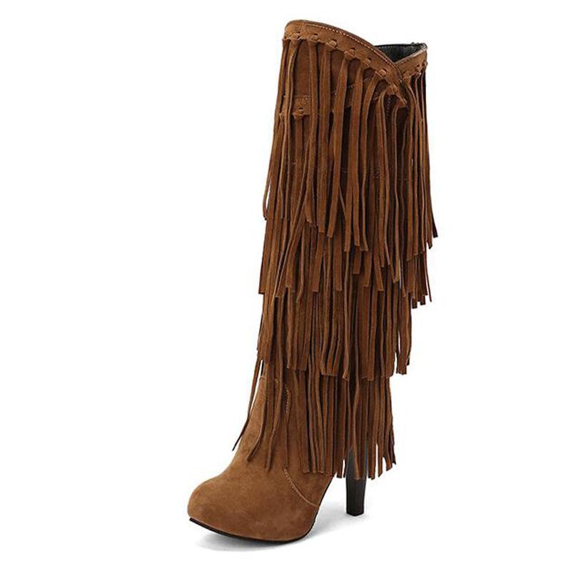 High-Heeled V Mouth Fringed Women's Boots Round Toe 10cm Square Heel High Tube Boots Fashion Sexy Flock Women Shoes Size 34-39