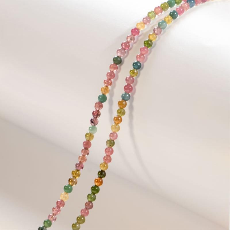 Double Layer Rainbow Natural Tourmaline Thin Copper Bracelet with 3mm Multicolor Beads 17cm Elegant Design for Women