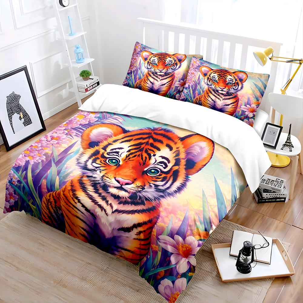 Cute tiger cub in vibrant flowers Print Soft Comfortable Duvet Cover Bedding Set Included 1*Duvet Cover 2*Pillowcases