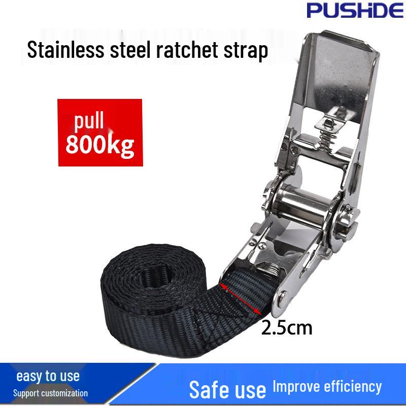 304 Stainless Steel Ratchet Tie-Down Strap with Polyester Webbing for Cargo and Pallet Securing.