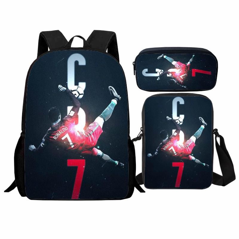 Printed Football Star Student Schoolbag Three-piece Set, Casual Cr7 Backpack, Messenger Bag, Pencil Bag, Men and Women