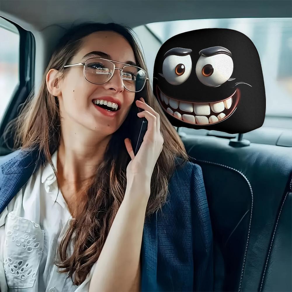2pcs Set of Funny Big-Eyed Grinning Cartoon Print Car Seat Headrest Covers, Car Headrest Covers for Funny Car Interior Accessories