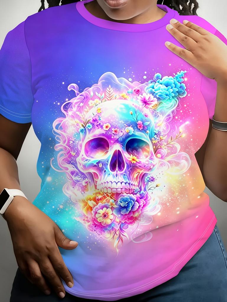 Summer Fashion Skull Flower 3D Printed Women's T-Shirt Casual Short Sleeve T-Shirts Graphics Tees Tops Loose Women's Clothing
