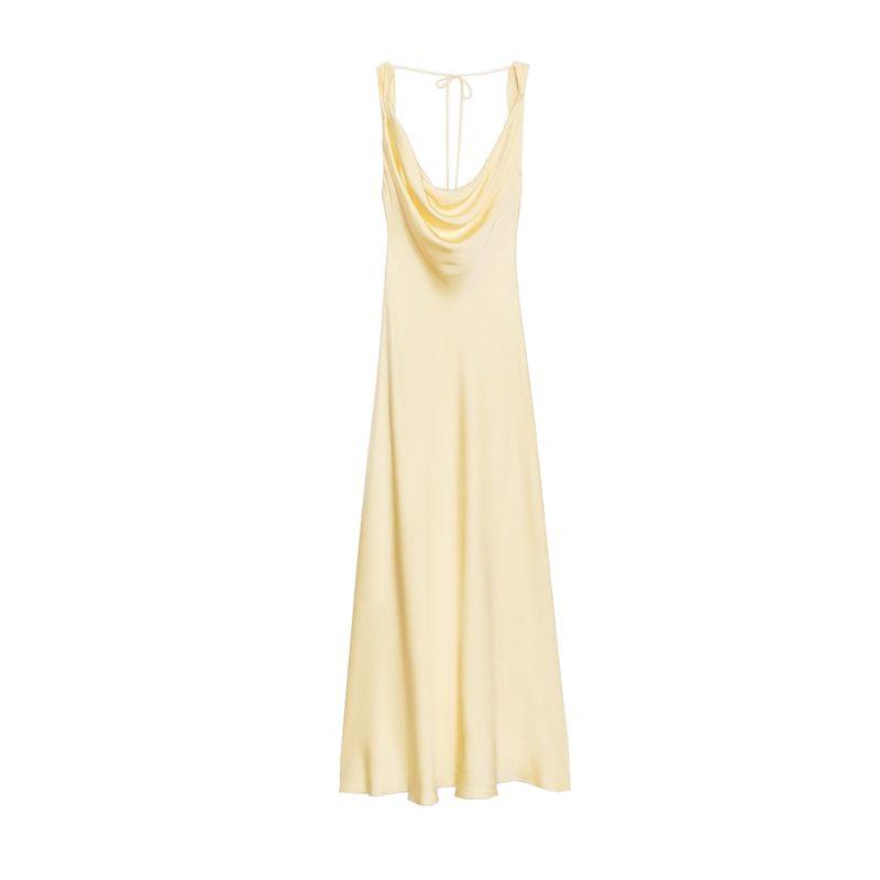 

Summer Women s Clothing A- line Asymmetric Hem Draped V Neck Silk Satin Texture Sling Dress 2590934 Yellow L