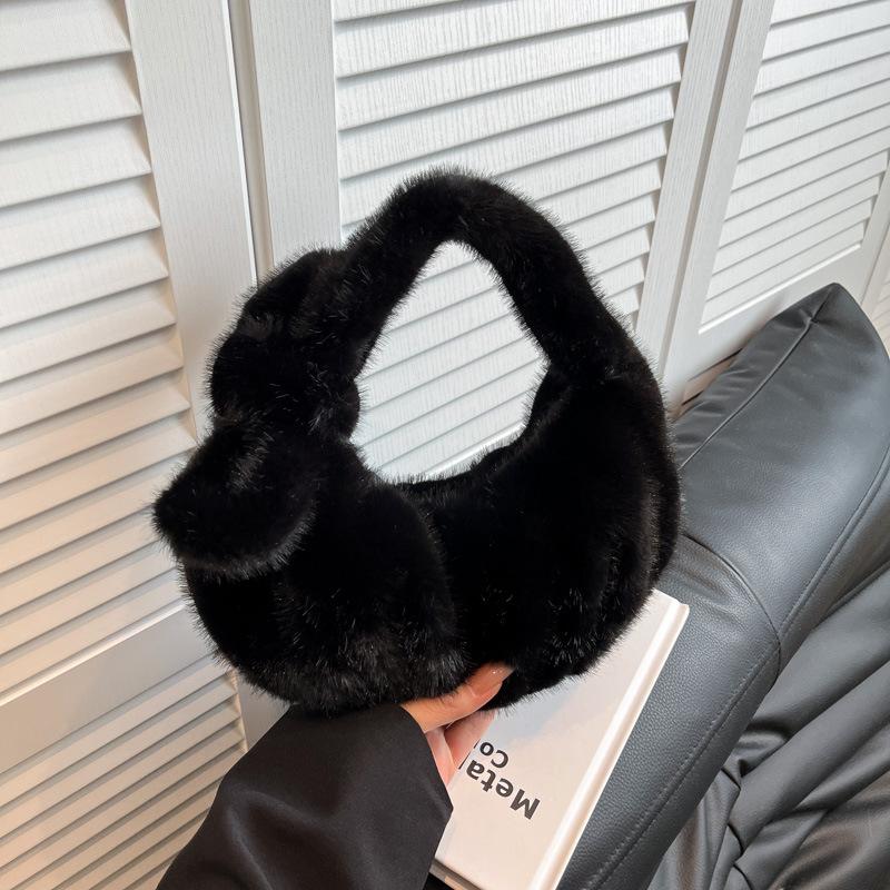 Women's Luxury Plush Clutch Cute Bow-shaped Handbag Headphone Coin Purse Fashion Faux Fur Solid Color Soft Pleated Cloud Bag
