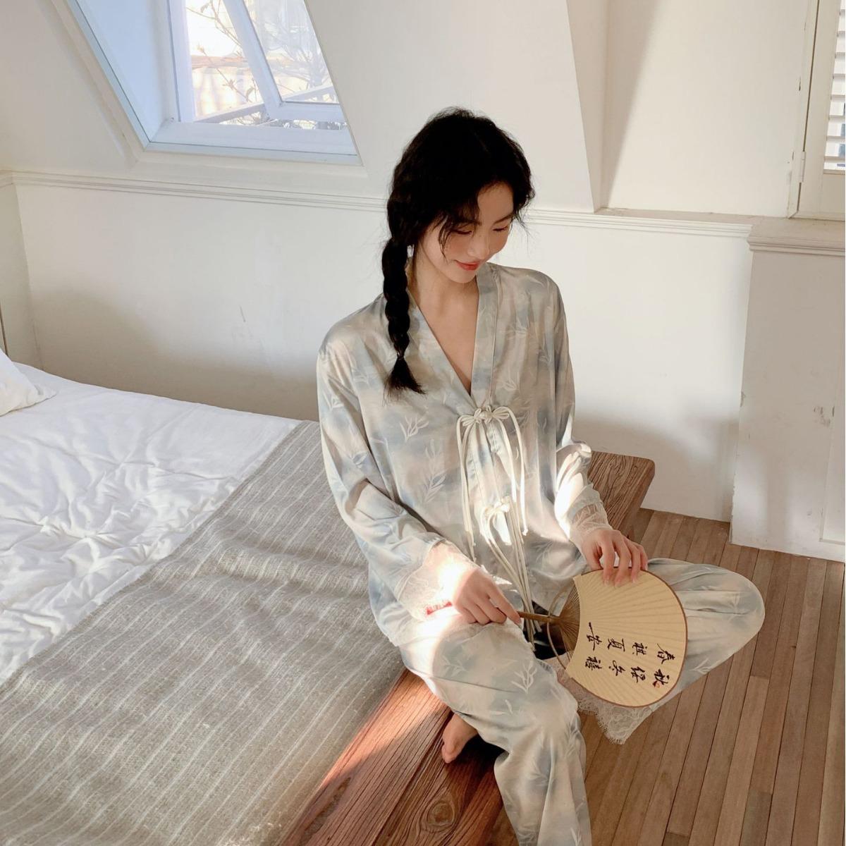 

Пижама в этническом стиле, женская пряжка из бамбуковых листьев, женская домашняя одежда из искусственного шелка в китайском стиле, новый тонкий стиль Ice Silk XL синий