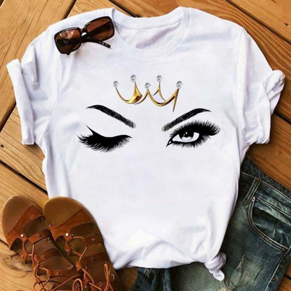 Maycaur Mode Grafische Dames Tops Wimper Print Kawaii Wimpers Dames T-shirt Tee Grappig Make-up Esthetisch Shirt Camisas Mujer