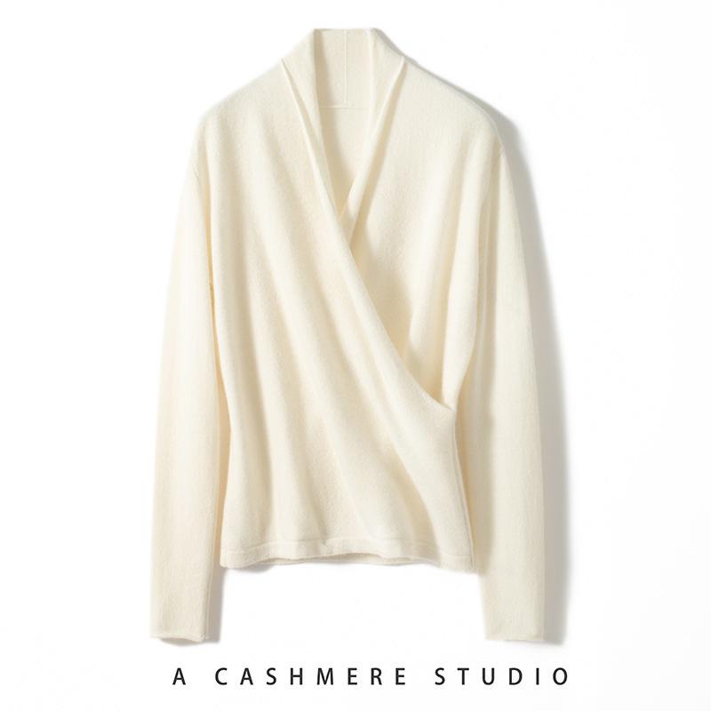 Elegant Slim-Fit Cross V-Neck Cashmere Knit Sweater - Women's Autumn Solid Color Pullover