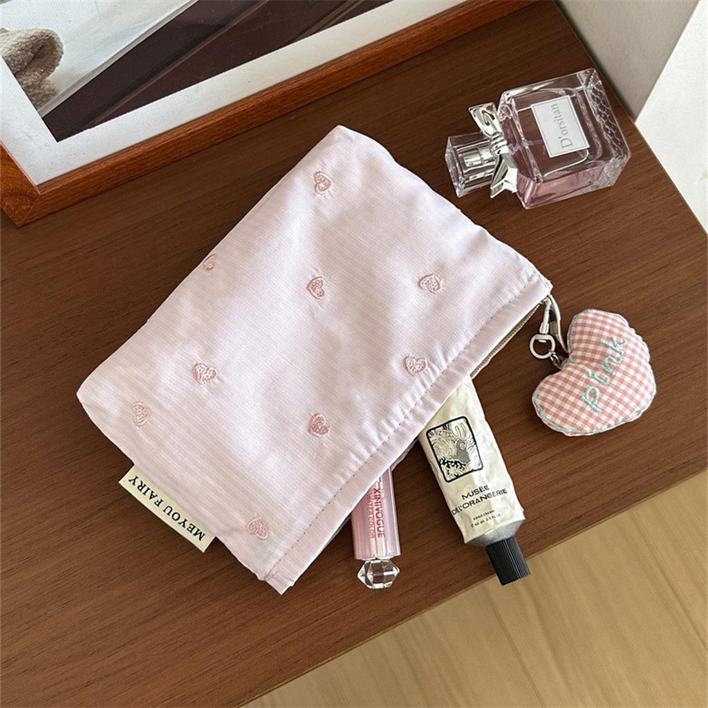 

Striped Heart Embroidered Makeup Bag Women Cosmetic Bag Portable Zipper Makeup Travel Organizer Female Toiletry Storage Pouch