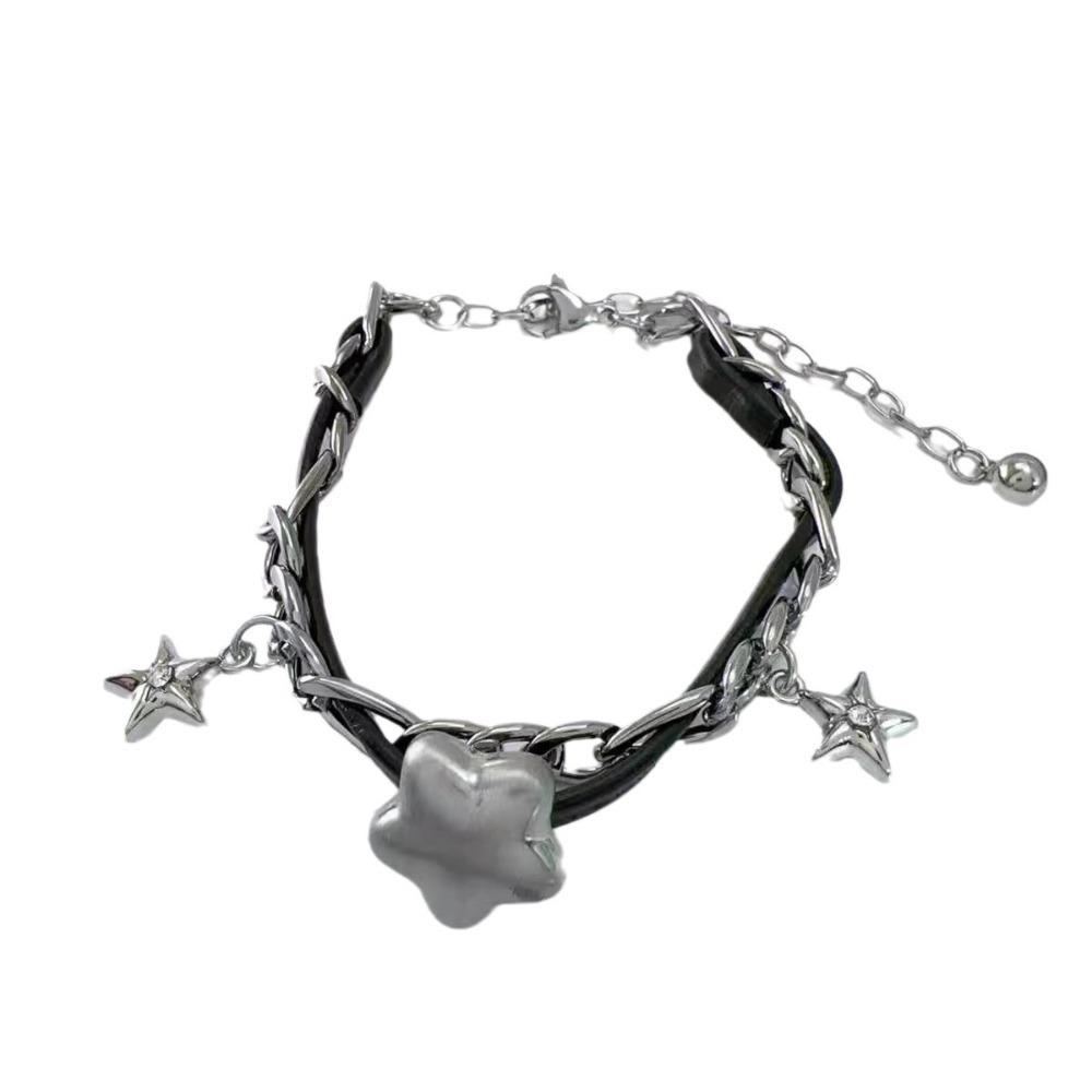 Y2K Silver Color Fat Star Zircon Stars Tassels Black Leather Winding Metal Chain Chokers Necklace Bracelets for Women Jewelry