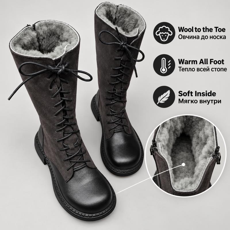 G&Zaco Luxury brand Knight Boots Genuine Leather Real Wool Women's Boots Knee-high Sheepskin Fur Anti Slip Thick Cotton Warm Lace Up Long Boots 3337