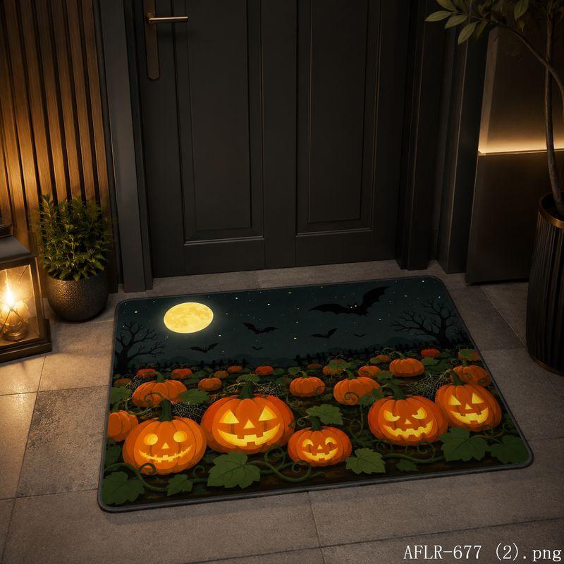 Halloween Bat Pumpkin Round Moon Door Mat Gothic Non-Slip Entry Rug Spooky Floor Carpet Home Decor