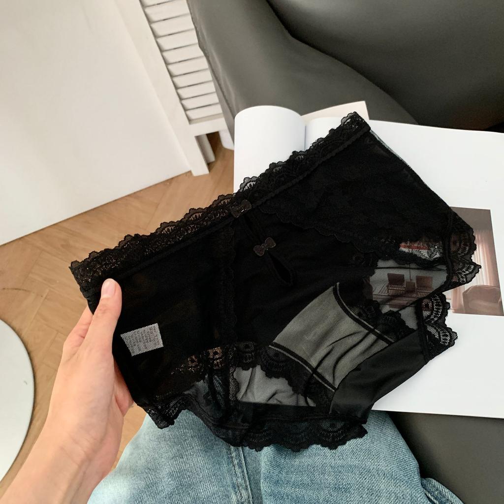 Ladies Summer Light Luxury Satin Hollow Lace Hip Ice Silk Quick Dry Middle Waist Triangle Briefs