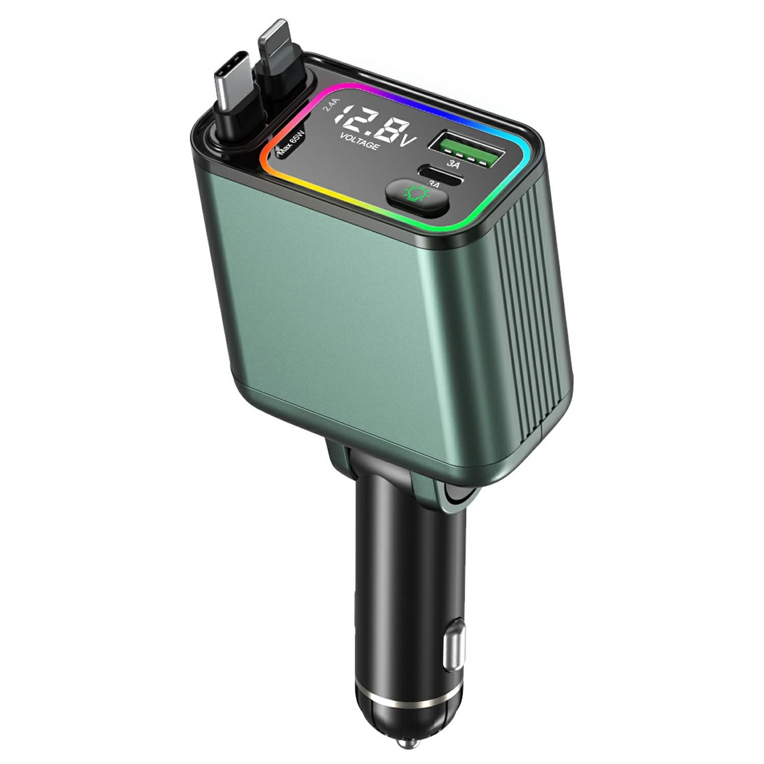 

GC08B Швидка зарядка Автомобільний зарядний пристрій Підсвічування Відображення напруги Адаптер з висувними кабелями Type-C + 8Pin