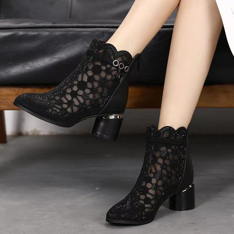 

Rhinestone cool boots women s summer and autumn new mesh thick heel net boots versatile hollow breathable single boots 35 чорний
