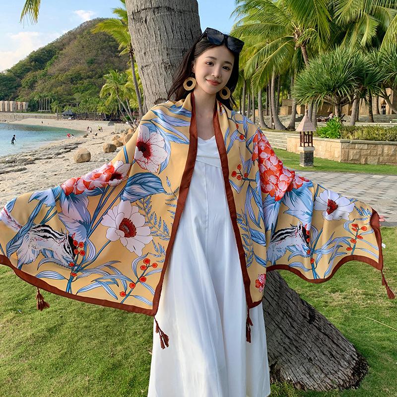 New Summer Elegant Women Silk Scarf Beach Wrap Shawl Floral Print Sunscreen Bandana Hijab Mujer Bohemian Musulman Scarve Pareo