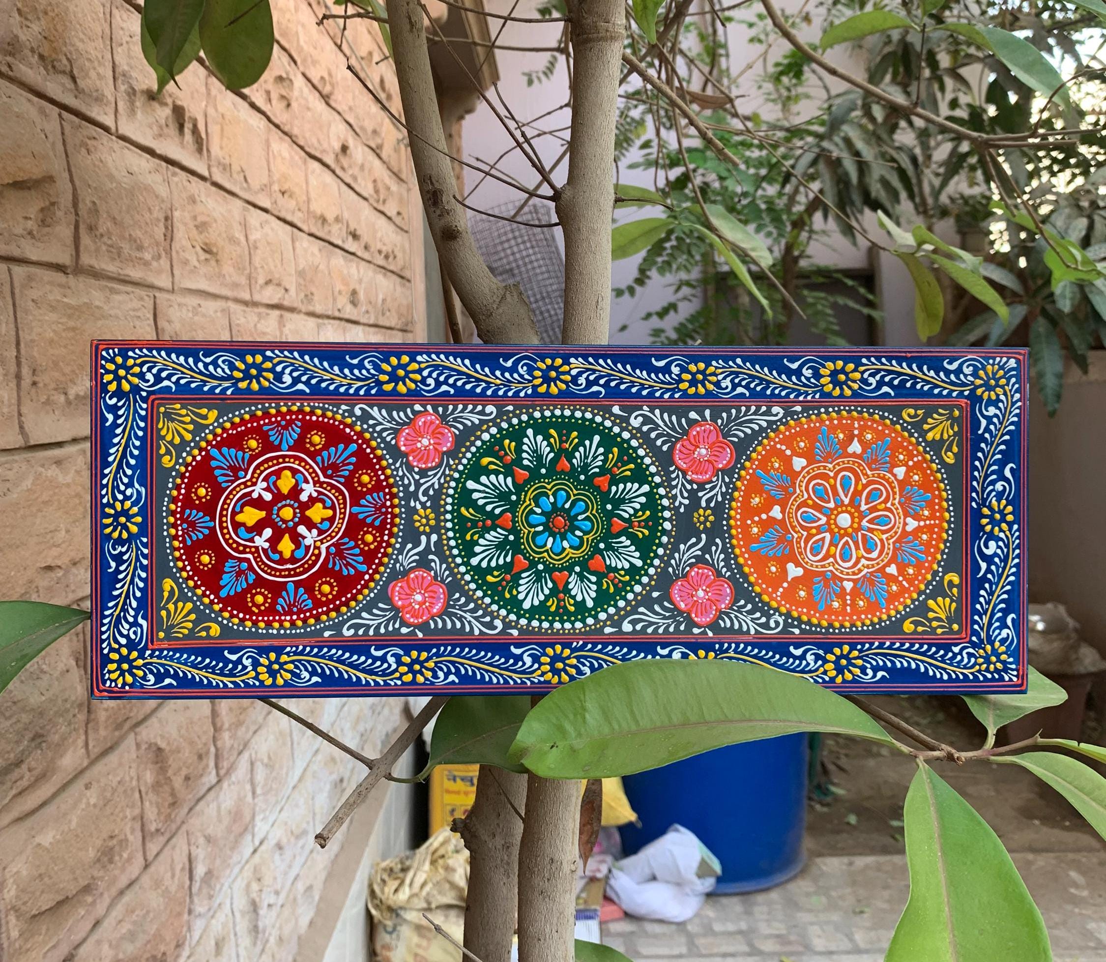 

Hand Carved Painted Floral Wood Panel: Indian Home Decor разноцветный