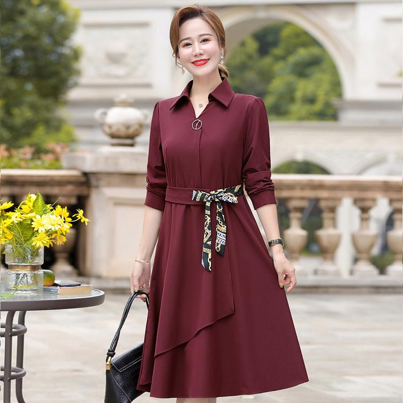 Spring 2026 Long-sleeve Dress for Middle-aged Women: Waist-cinching, Wide-leg Style for Spring and Autumn