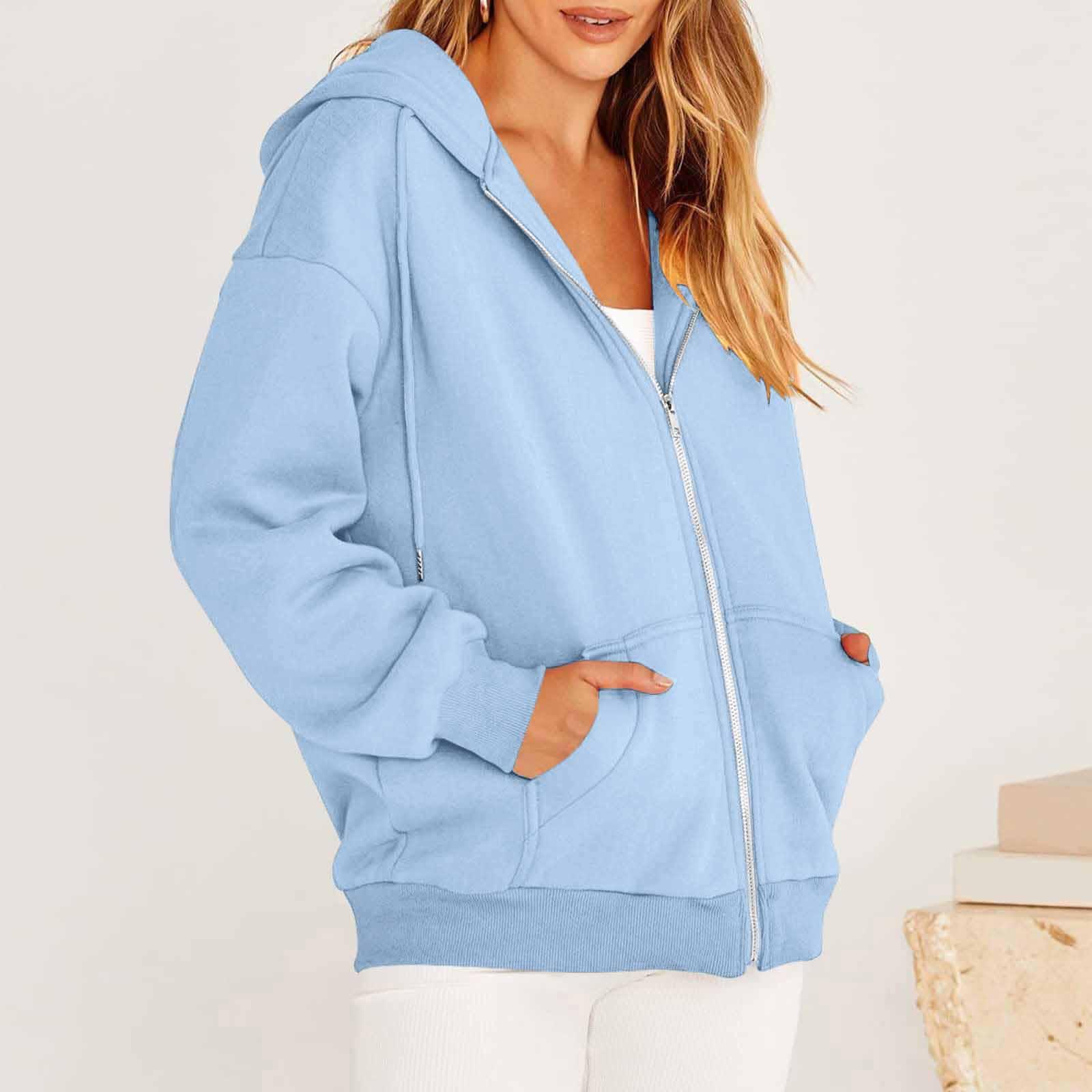 

Женская повседневная модная однотонная толстовка с капюшоном и молнией с длинными рукавами S небесно-голубой