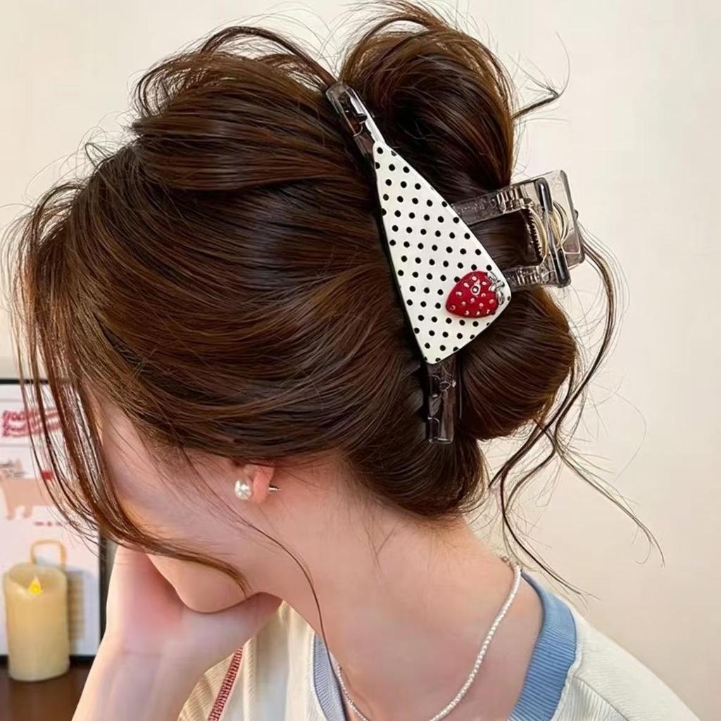 Strawberry Polka Dot Triangle Claw Clip for Thick Hair – Large, Sweet Updo Accessory