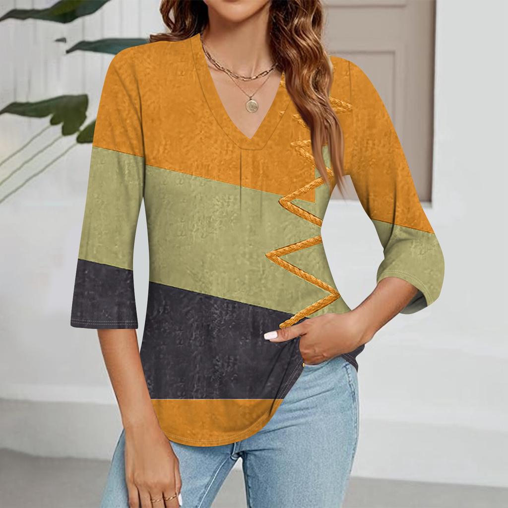 Women's V-neck Gradient Print Three-quarter Sleeve Fashion Top
