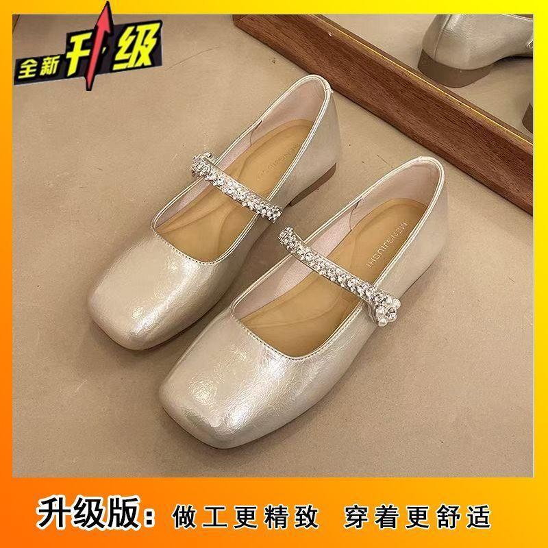French one-word with rhinestone flat Mary Jane shoes 2025 spring and summer new fashion square head shallow mouth soft sole single shoes women